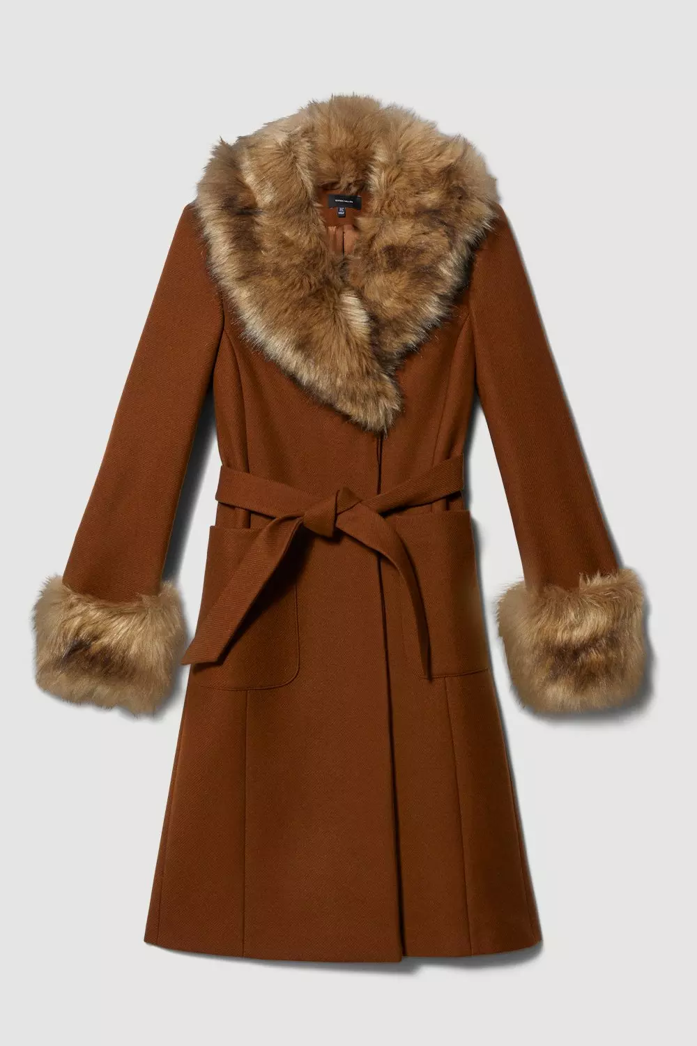 Italian Virgin Wool Faux Fur Belted Coat | Karen Millen